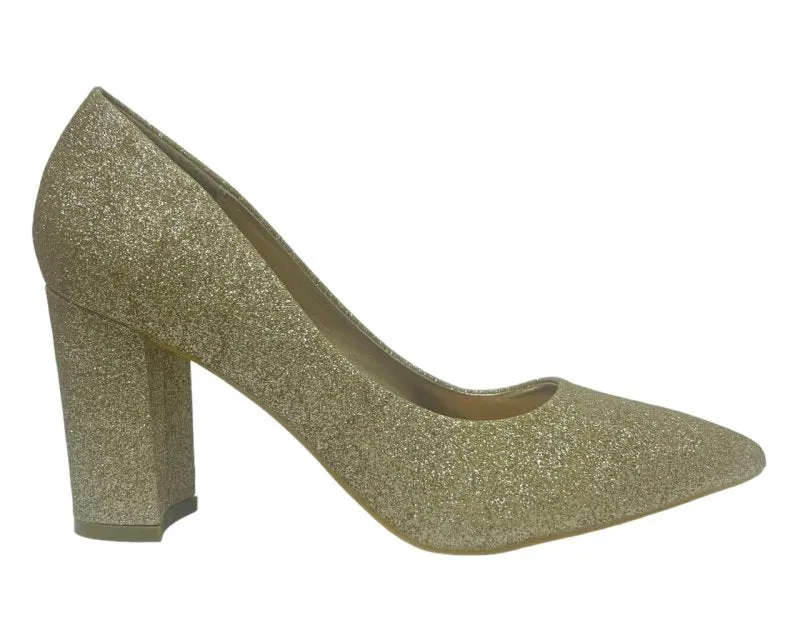 Block Heel Glitter Court Shoes