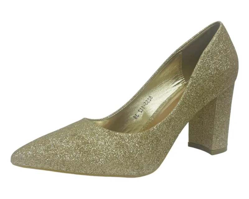 Block Heel Glitter Court Shoes