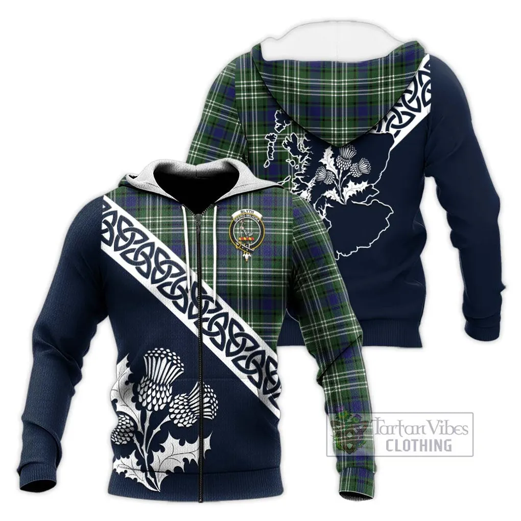 Blyth Tartan Knitted Hoodie Featuring Thistle and Scotland Map