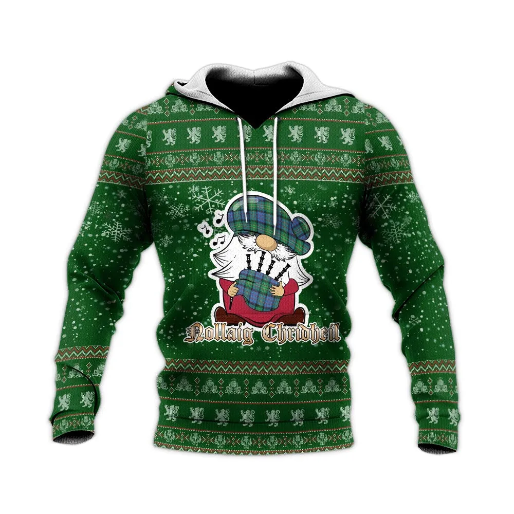 Bowie Ancient Clan Christmas Knitted Hoodie with Funny Gnome Playing Bagpipes