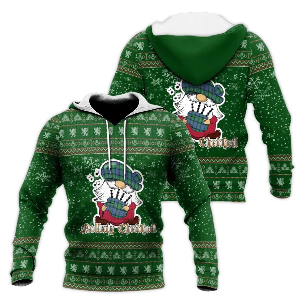 Bowie Ancient Clan Christmas Knitted Hoodie with Funny Gnome Playing Bagpipes