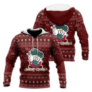 Bowie Ancient Clan Christmas Knitted Hoodie with Funny Gnome Playing Bagpipes