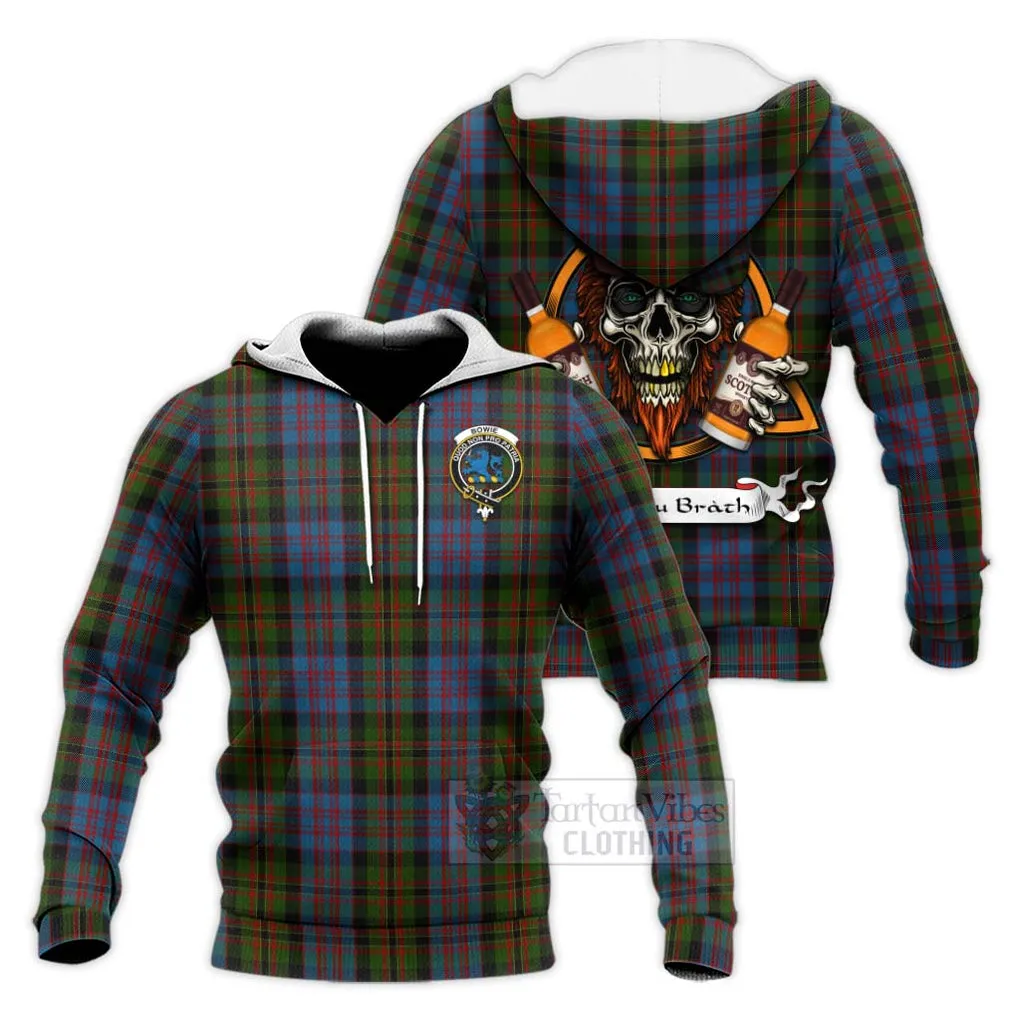 Bowie Tartan Knitted Hoodie with Family Crest and Bearded Skull Holding Bottles of Whiskey