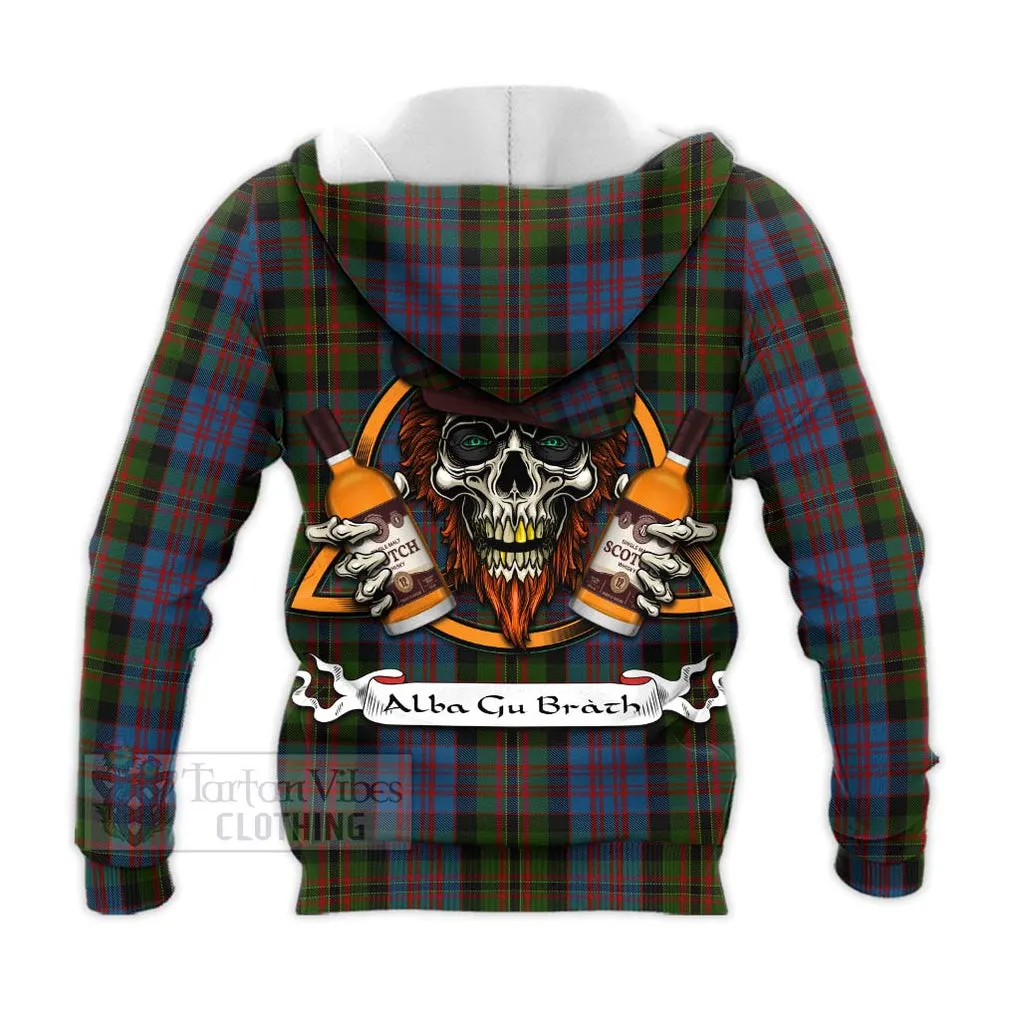 Bowie Tartan Knitted Hoodie with Family Crest and Bearded Skull Holding Bottles of Whiskey