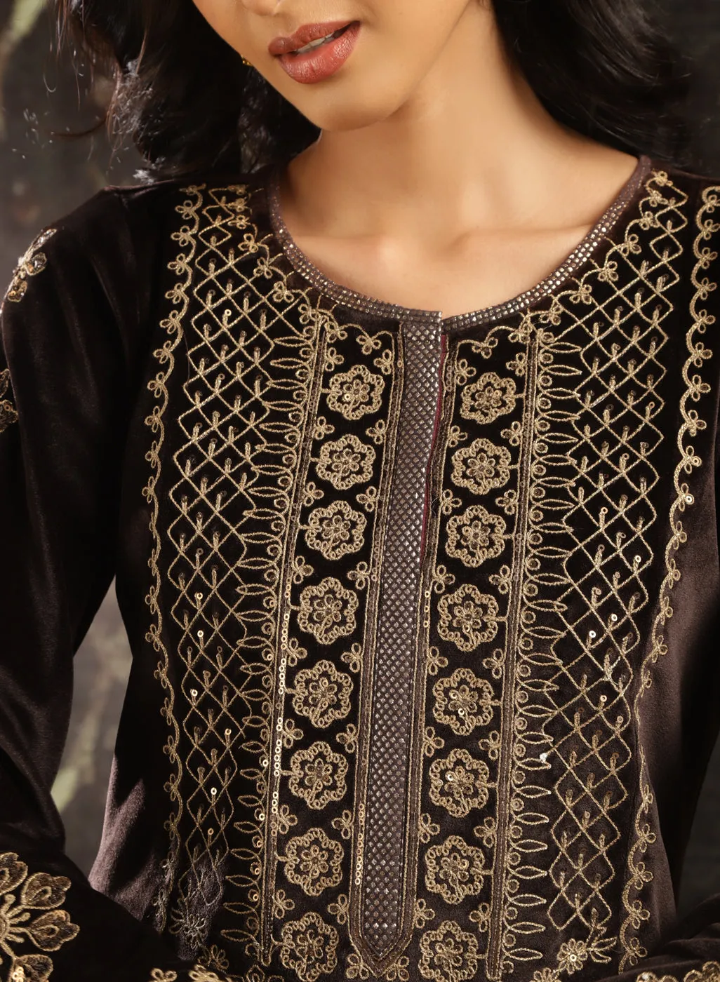 Brown Heavily Embroidered Party-wear Velvet Kurta