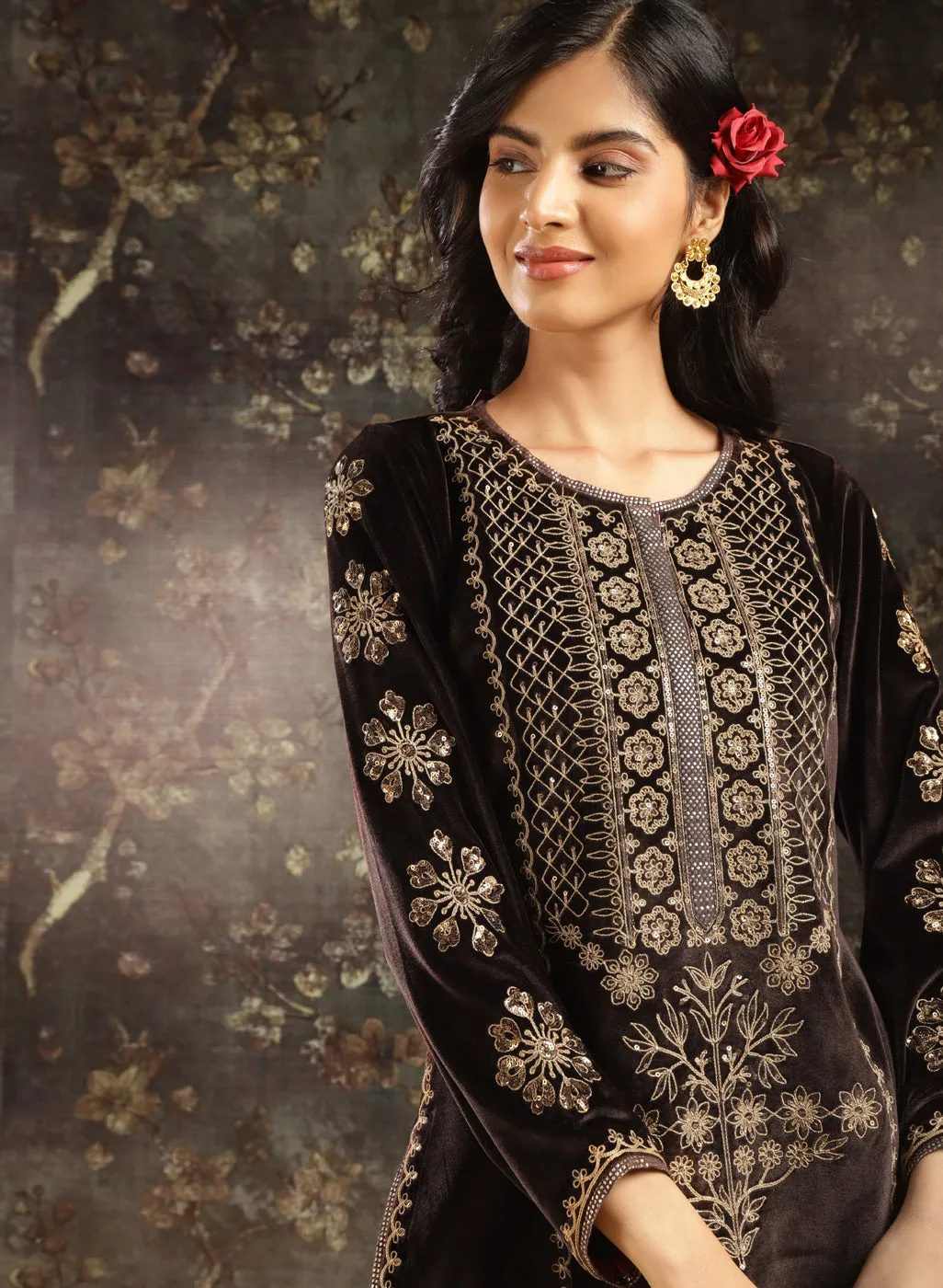 Brown Heavily Embroidered Party-wear Velvet Kurta