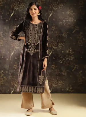 Brown Heavily Embroidered Party-wear Velvet Kurta