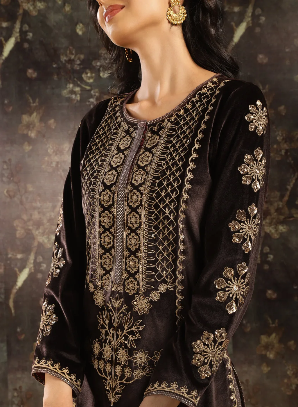 Brown Heavily Embroidered Party-wear Velvet Kurta