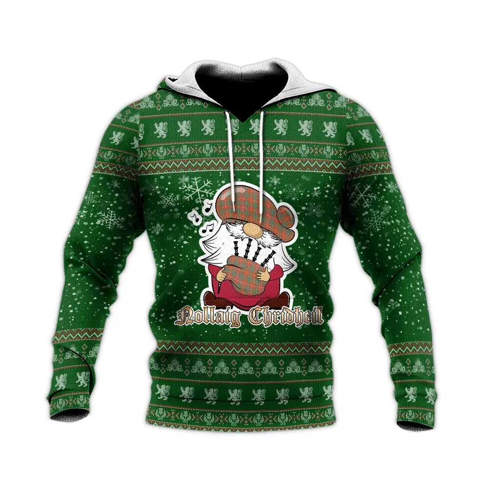 Bruce Ancient Clan Christmas Knitted Hoodie with Funny Gnome Playing Bagpipes