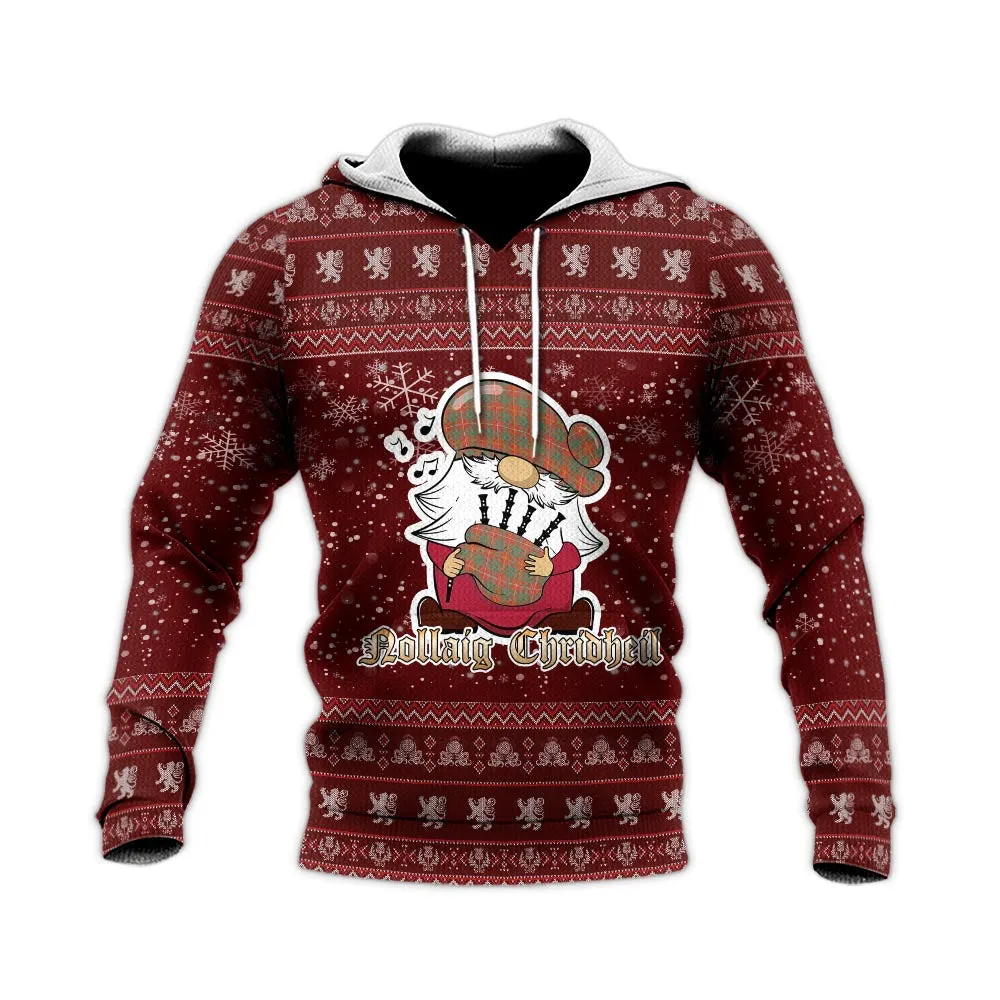 Bruce Ancient Clan Christmas Knitted Hoodie with Funny Gnome Playing Bagpipes