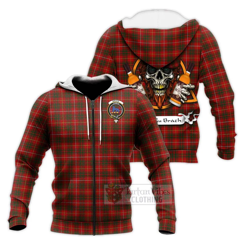 Bruce Tartan Knitted Hoodie with Family Crest and Bearded Skull Holding Bottles of Whiskey