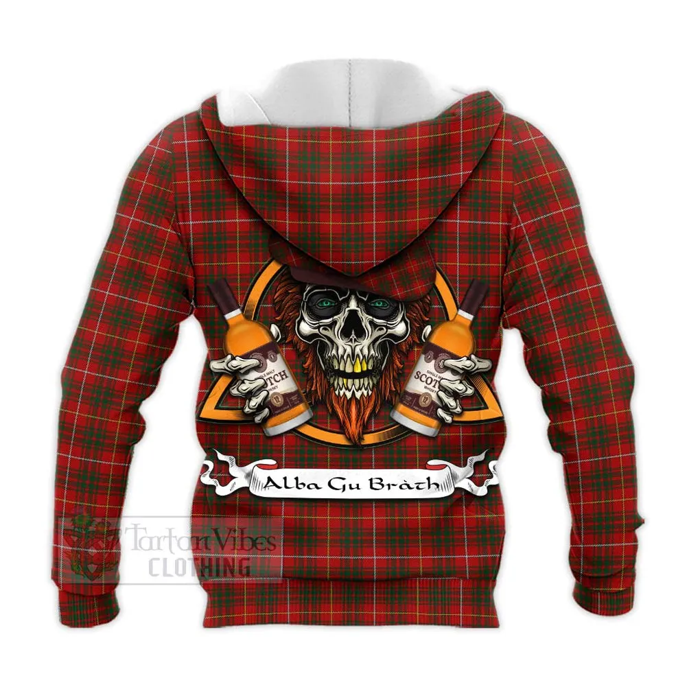 Bruce Tartan Knitted Hoodie with Family Crest and Bearded Skull Holding Bottles of Whiskey