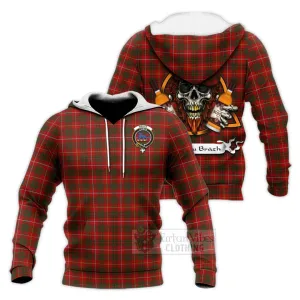 Bruce Tartan Knitted Hoodie with Family Crest and Bearded Skull Holding Bottles of Whiskey