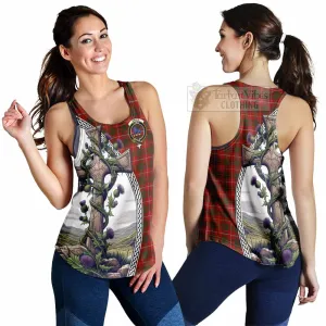 Bruce Tartan Women's Racerback Tanks with Family Crest and St. Andrew's Cross Accented by Thistle Vines