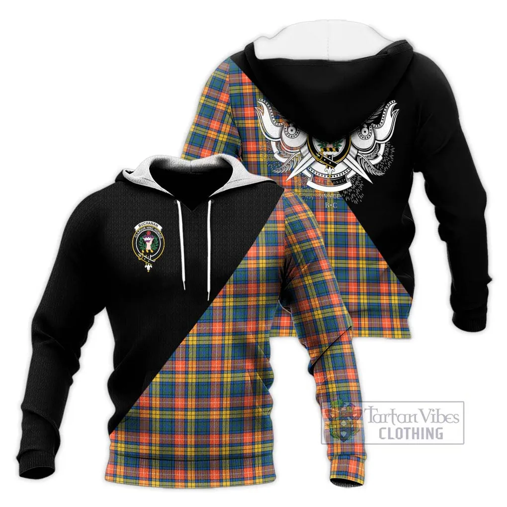 Buchanan Ancient Tartan Knitted Hoodie with Family Crest and Military Logo Style