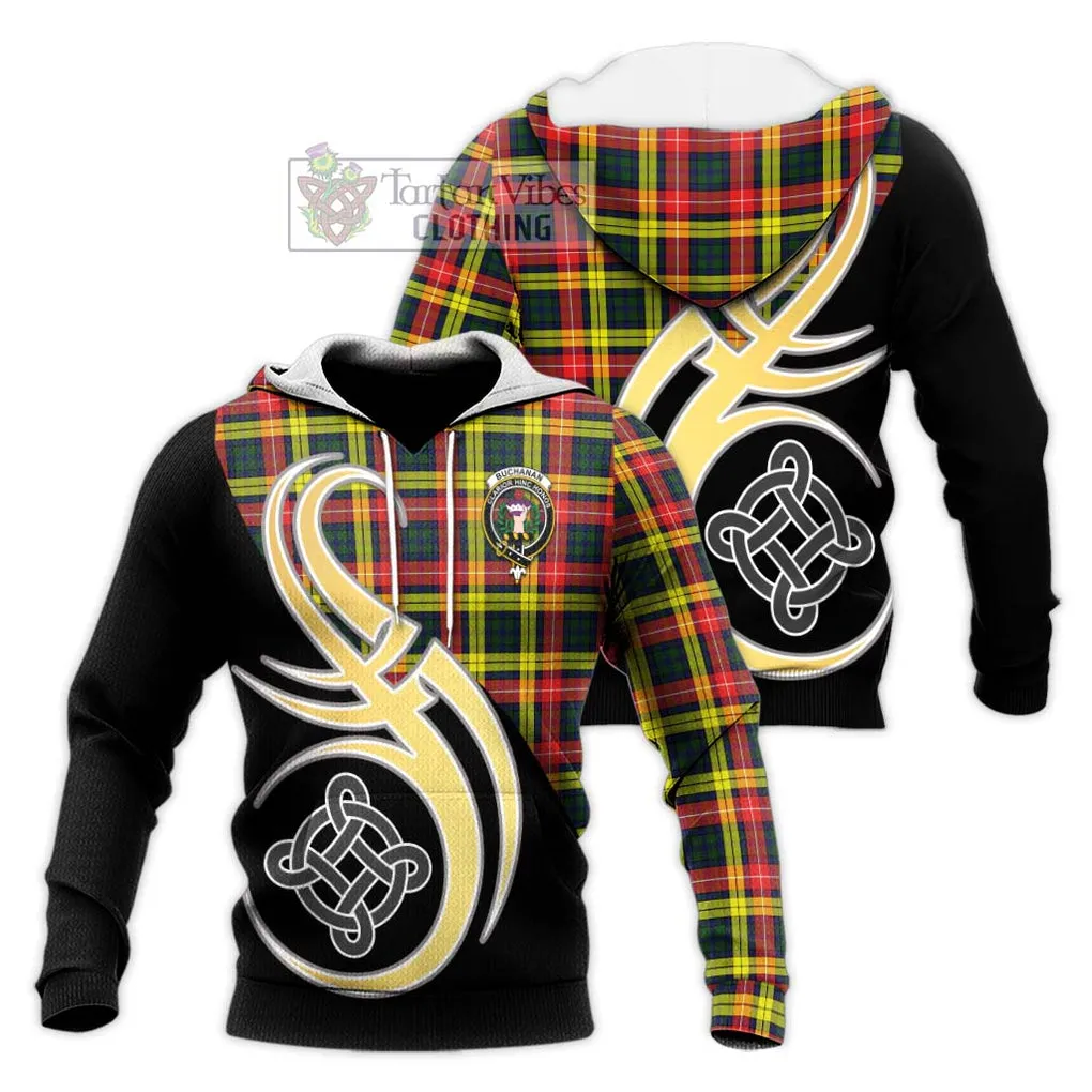 Buchanan Modern Tartan Knitted Hoodie with Family Crest and Celtic Symbol Style