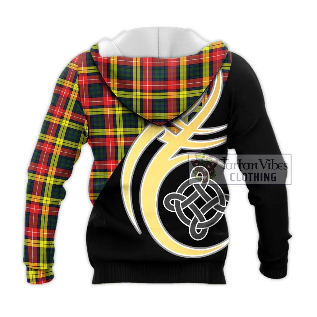 Buchanan Modern Tartan Knitted Hoodie with Family Crest and Celtic Symbol Style