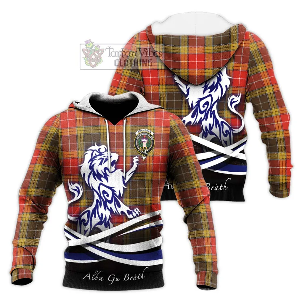 Buchanan Old Set Weathered Tartan Knitted Hoodie with Alba Gu Brath Regal Lion Emblem