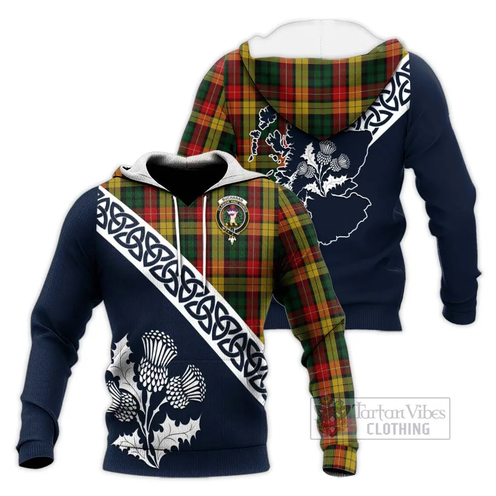 Buchanan Tartan Knitted Hoodie Featuring Thistle and Scotland Map