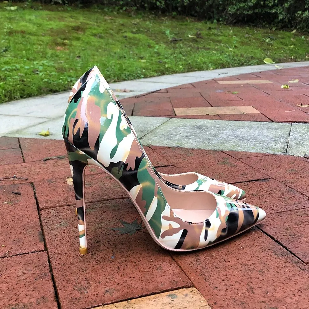 Camouflage Patent Pointed Toe High Heel Shoes