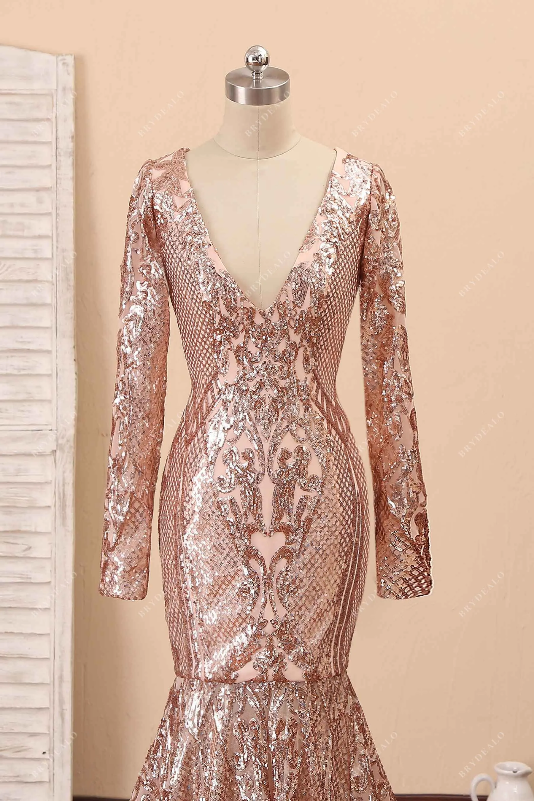 Champagne Sequin Long Sleeve Mermaid Prom Dress