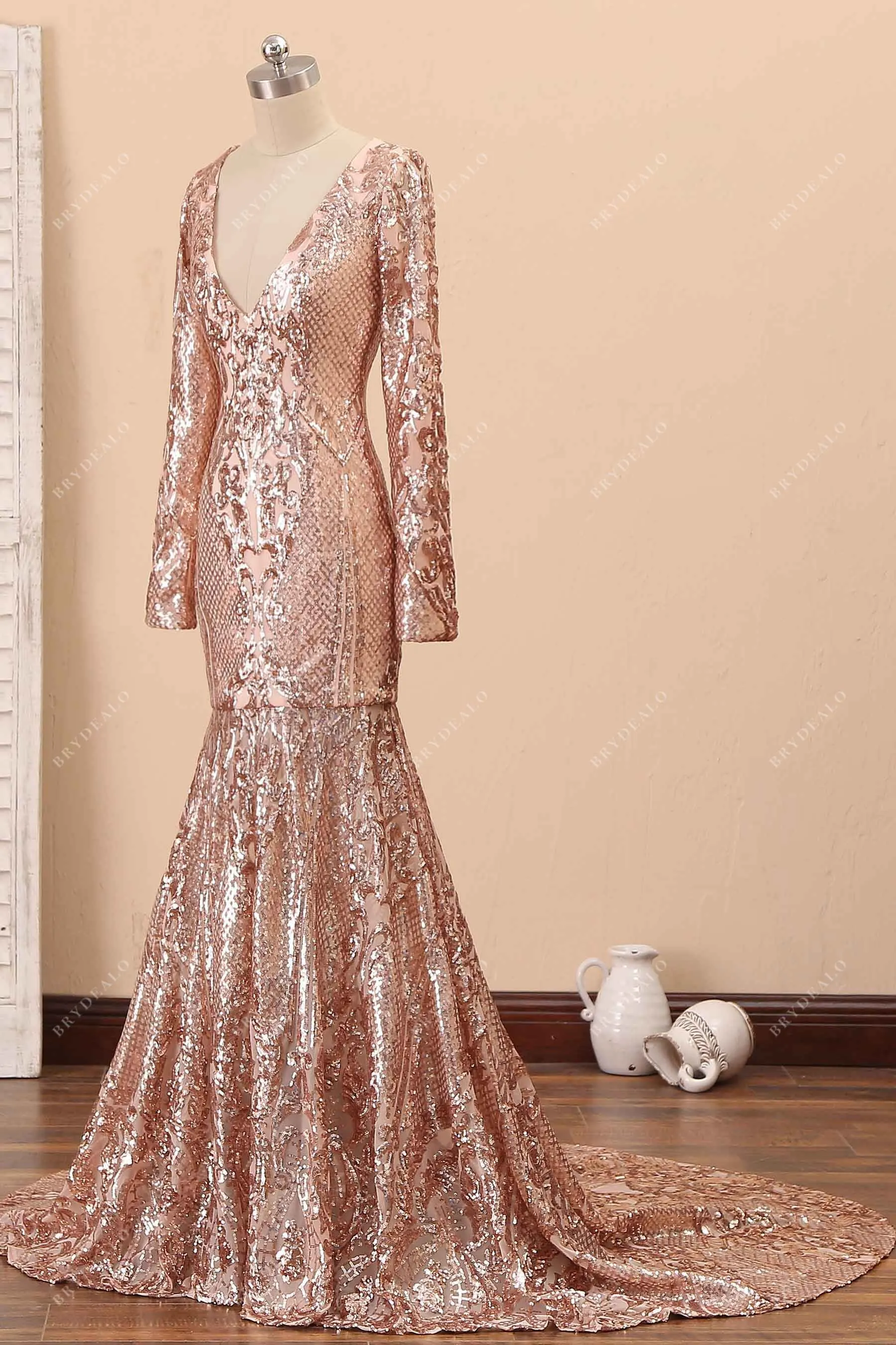 Champagne Sequin Long Sleeve Mermaid Prom Dress