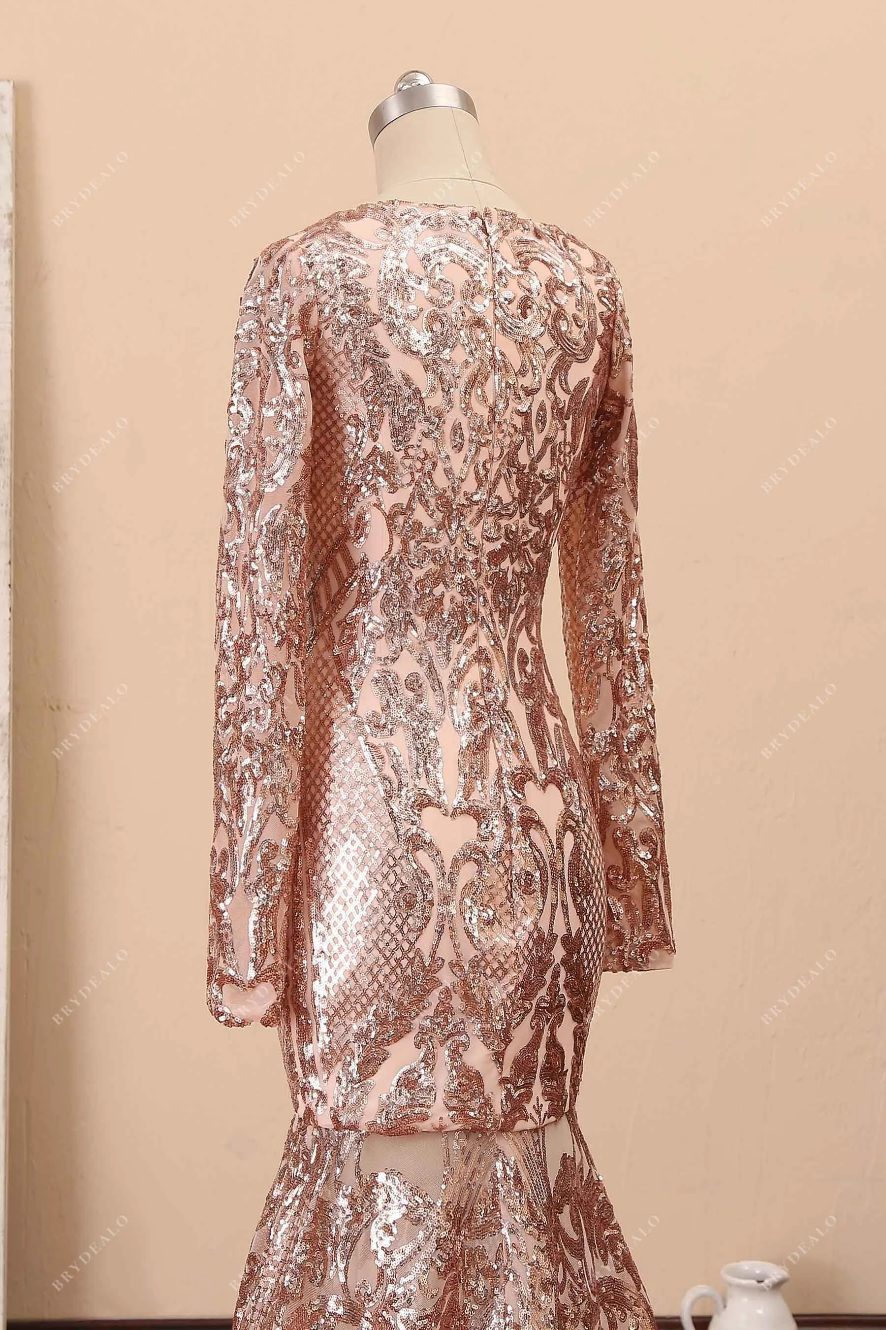 Champagne Sequin Long Sleeve Mermaid Prom Dress