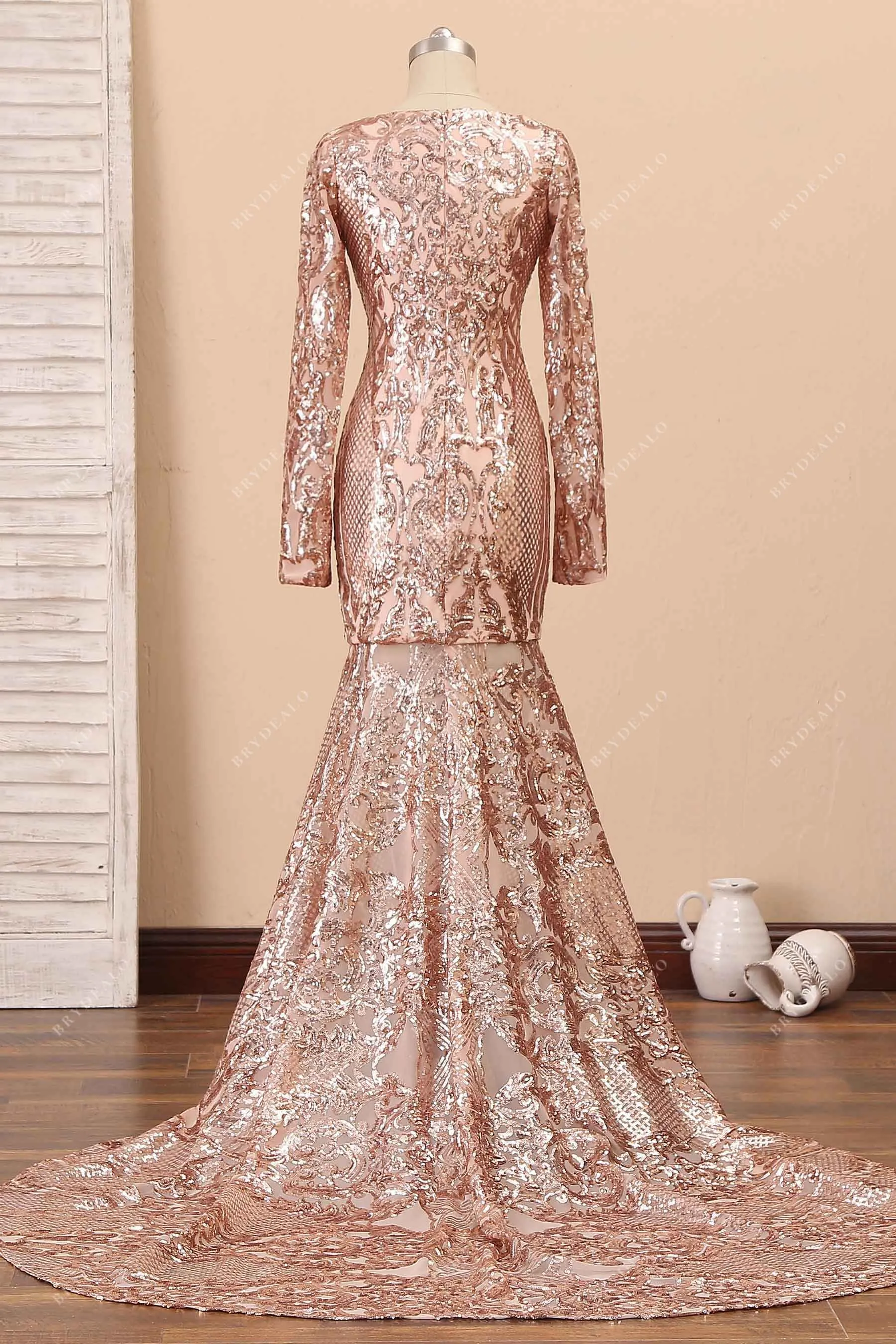 Champagne Sequin Long Sleeve Mermaid Prom Dress