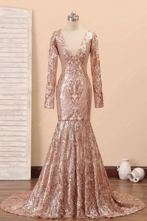 Champagne Sequin Long Sleeve Mermaid Prom Dress