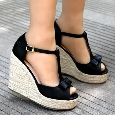 Crystal Queen Women Sandals Wedges Shoes Platform High Heels Sandals T Belt Women Sandals Hemp Rope Straw Braid Wedding Shoes