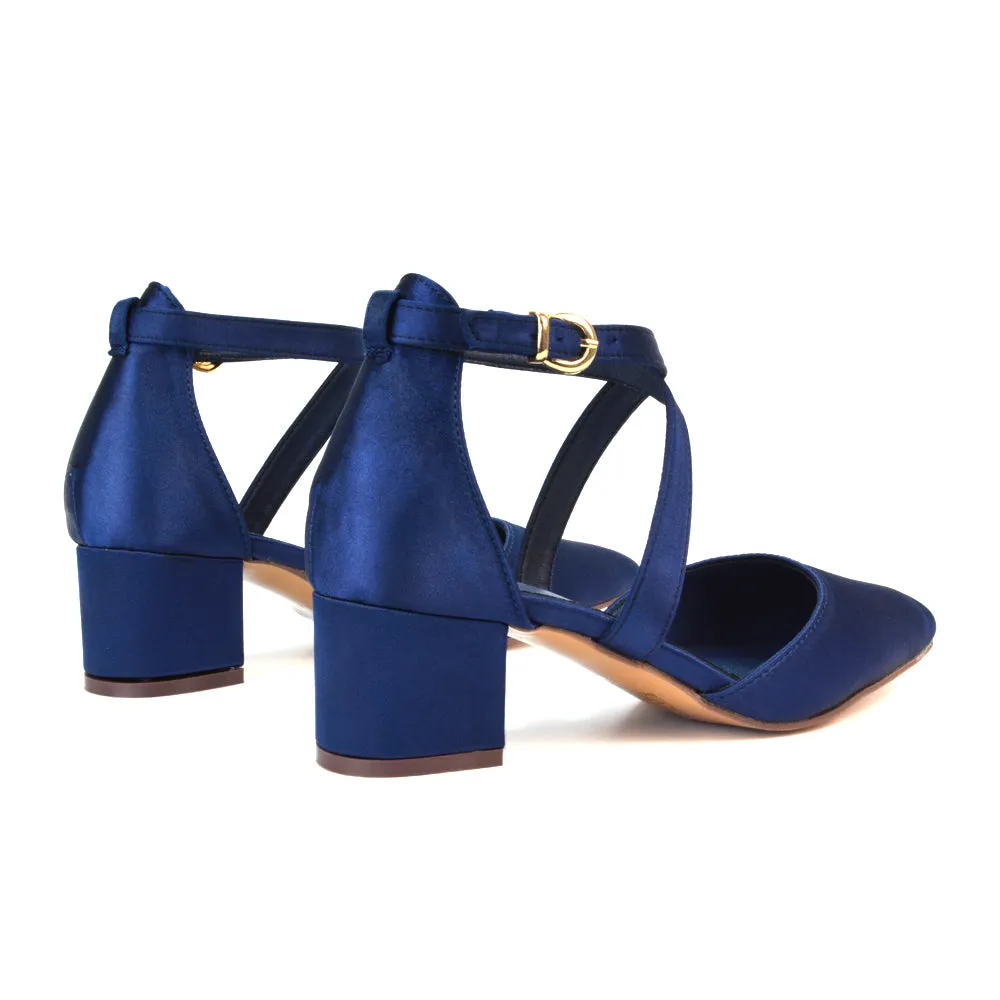 Cynthia Pointed Toe Ankle Strap Mid Block Heels Court Shoes in Navy Satin