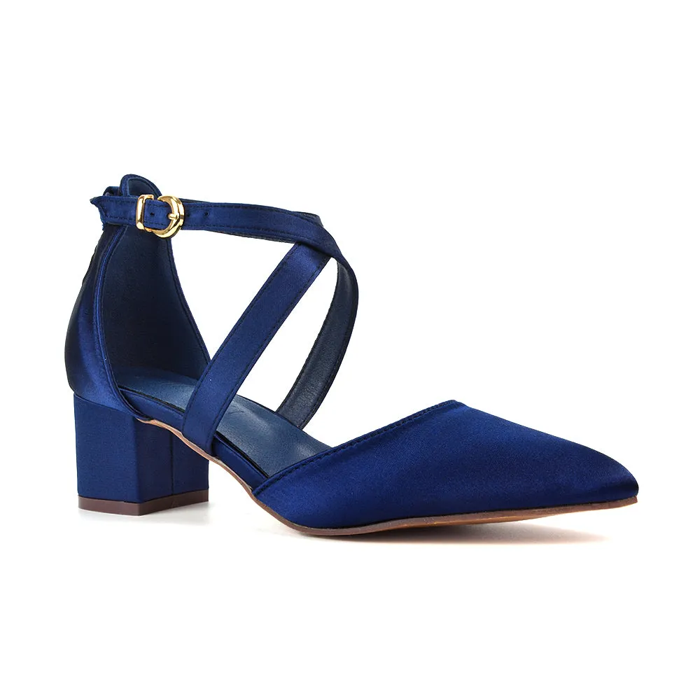 Cynthia Pointed Toe Ankle Strap Mid Block Heels Court Shoes in Navy Satin