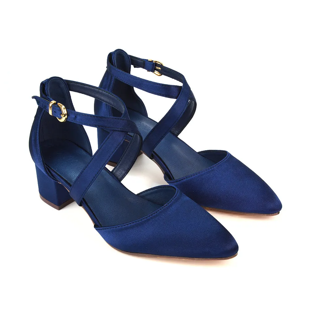 Cynthia Pointed Toe Ankle Strap Mid Block Heels Court Shoes in Navy Satin