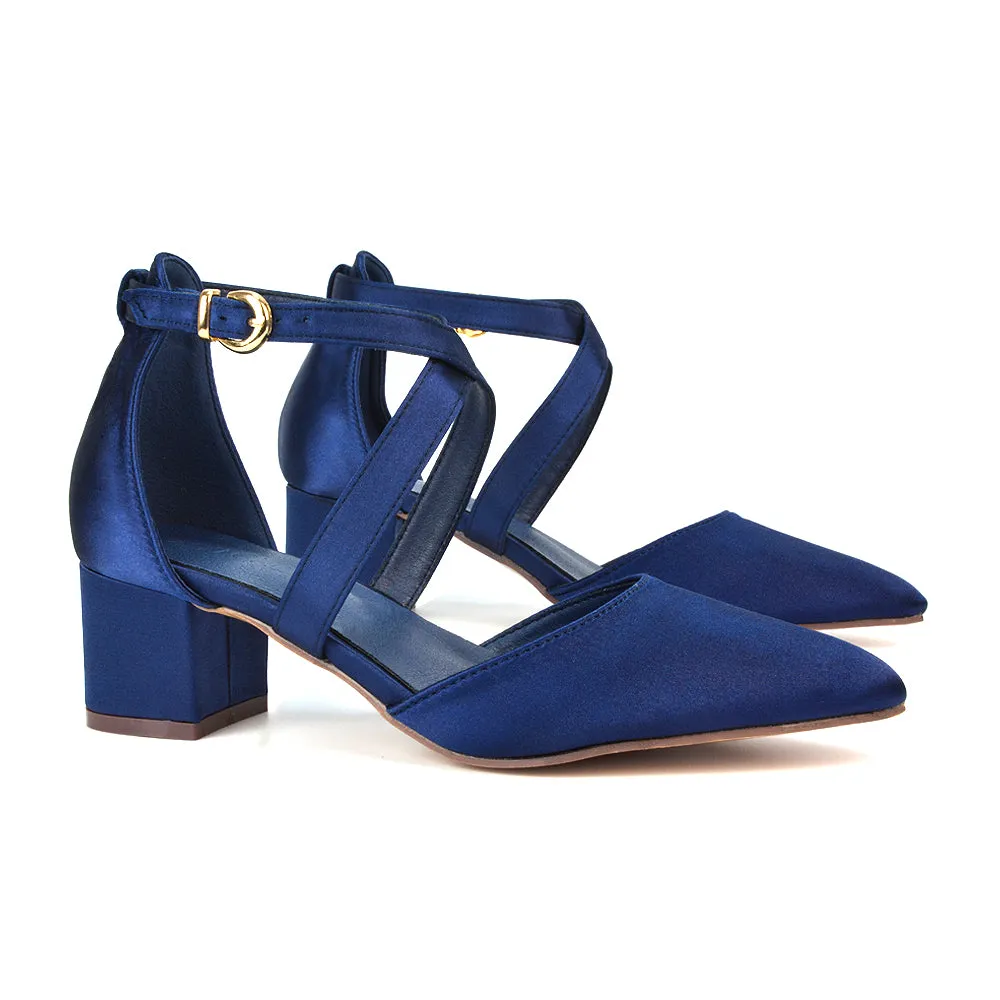 Cynthia Pointed Toe Ankle Strap Mid Block Heels Court Shoes in Navy Satin