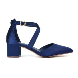 Cynthia Pointed Toe Ankle Strap Mid Block Heels Court Shoes in Navy Satin