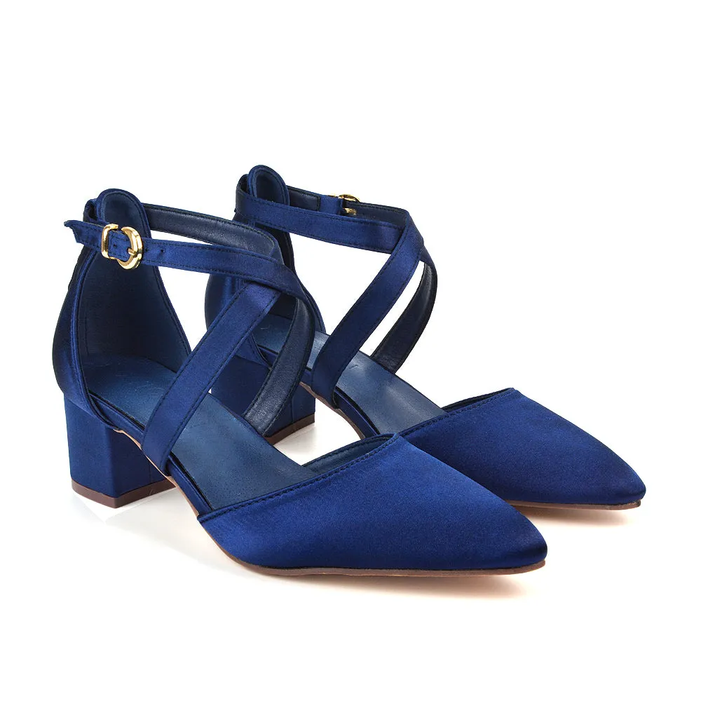 Cynthia Pointed Toe Ankle Strap Mid Block Heels Court Shoes in Navy Satin