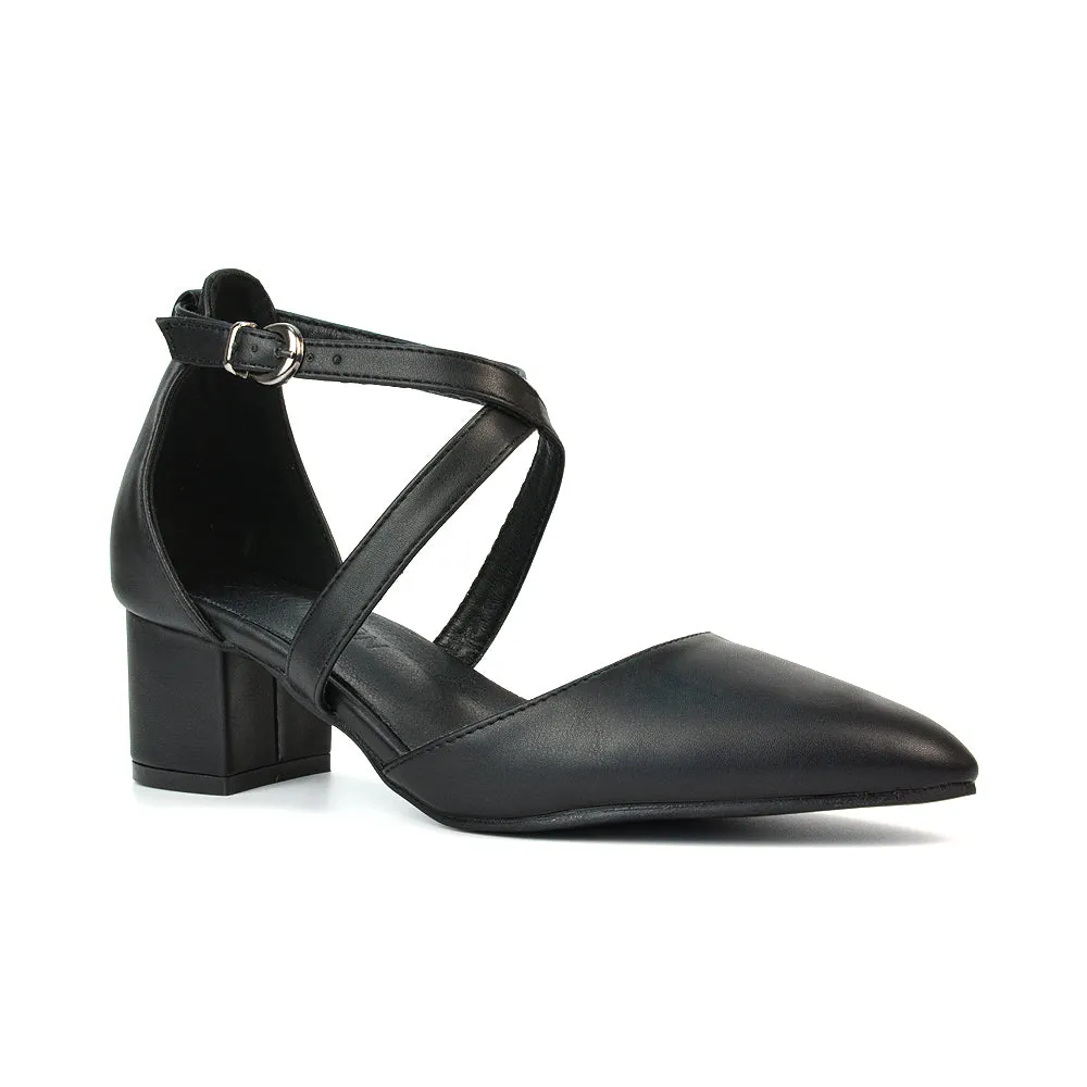 Cynthia Pointed Toe Ankle Strap Mid Block Heels Court Shoes in Navy Satin