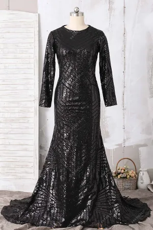 Demure Black Sequin Long Sleeve Mermaid Prom Gown