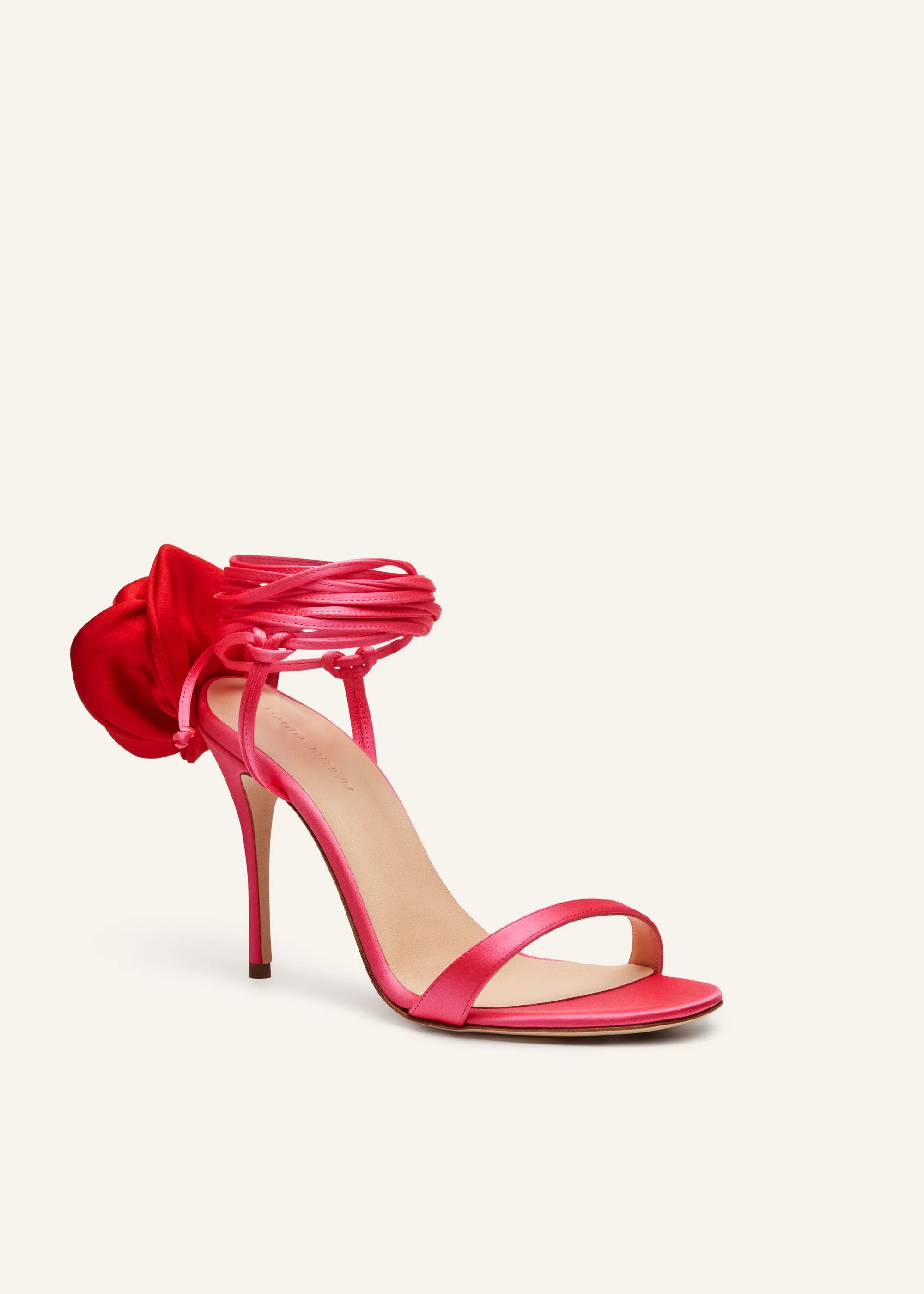 Double red flower heel sandals in fuchsia satin