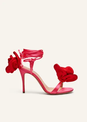 Double red flower heel sandals in fuchsia satin