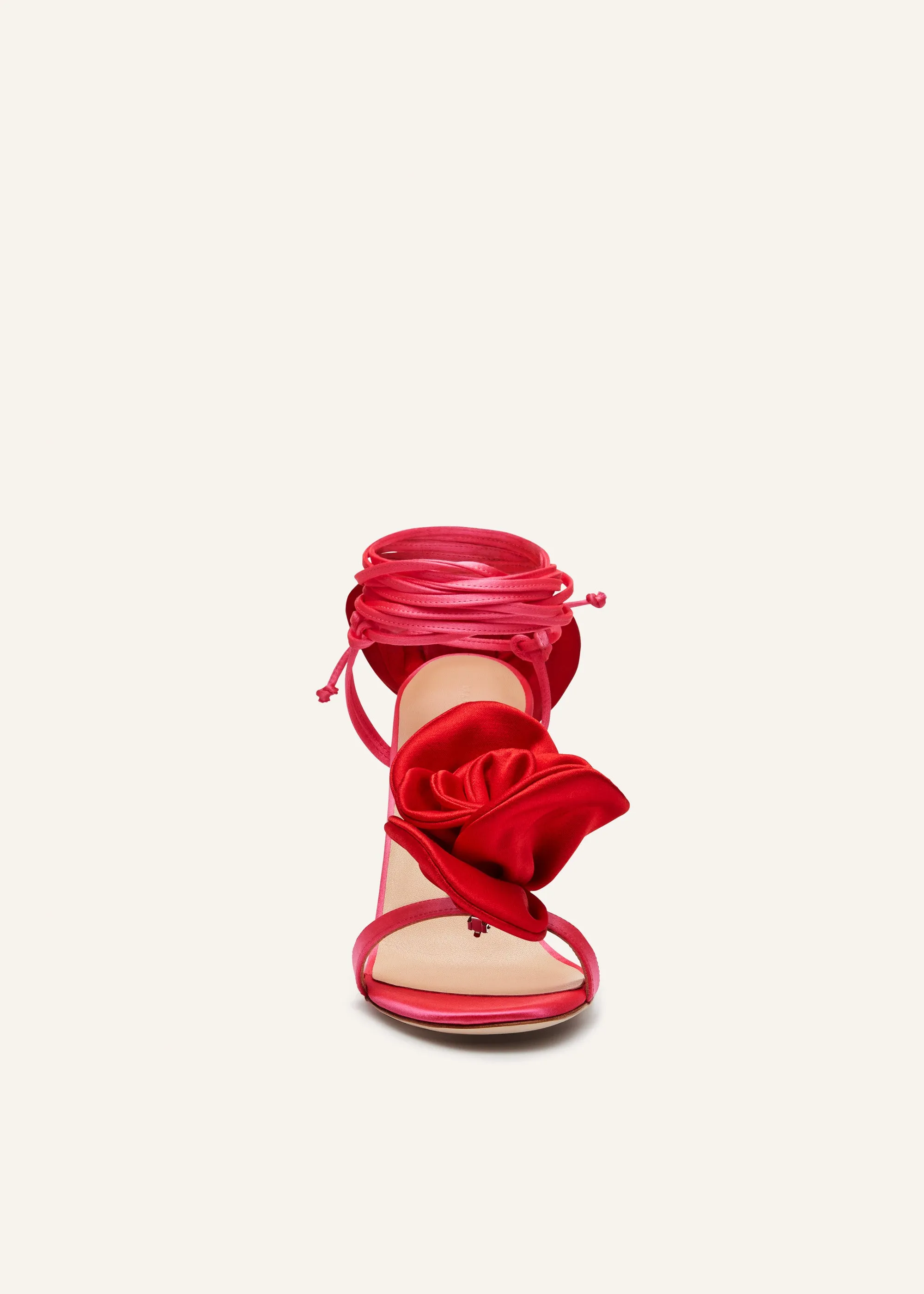 Double red flower heel sandals in fuchsia satin