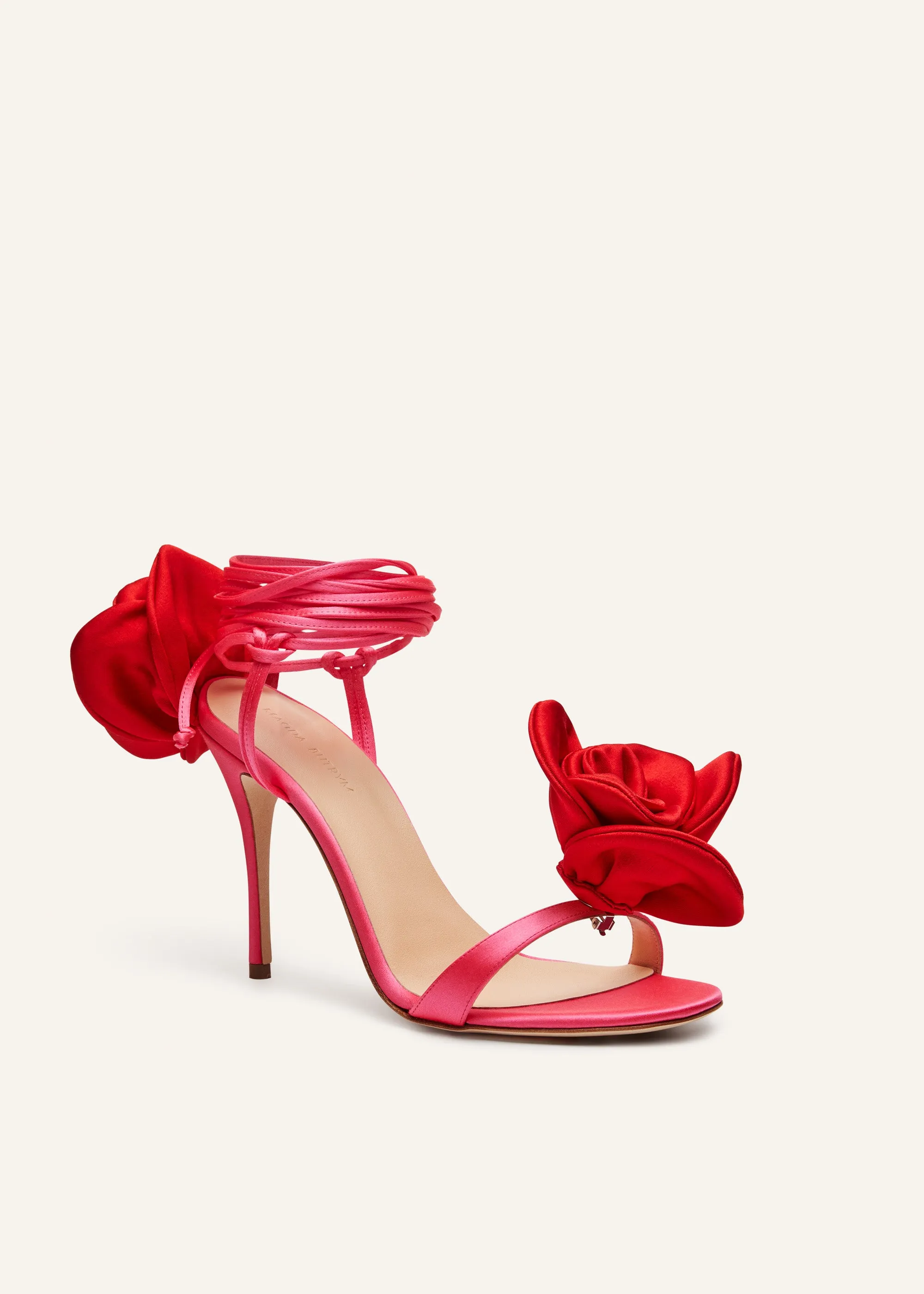 Double red flower heel sandals in fuchsia satin