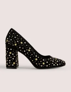 Embroidered Block Heel Courts-Black