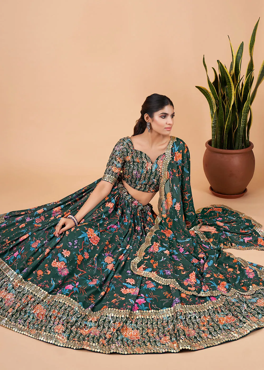 Fantastic Green Floral Printed Georgette Lehenga Choli