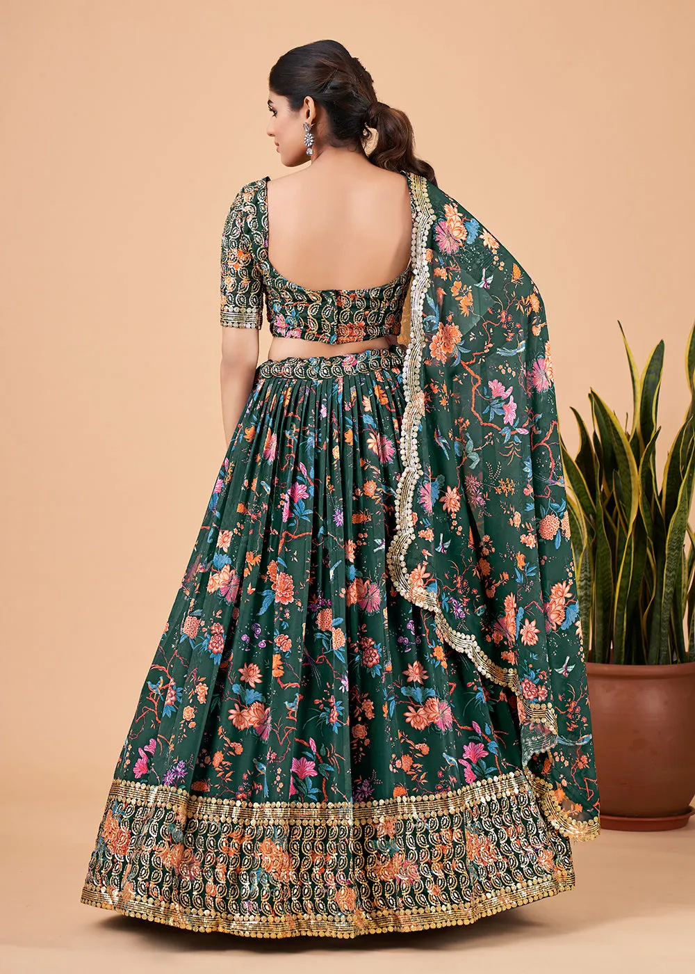 Fantastic Green Floral Printed Georgette Lehenga Choli