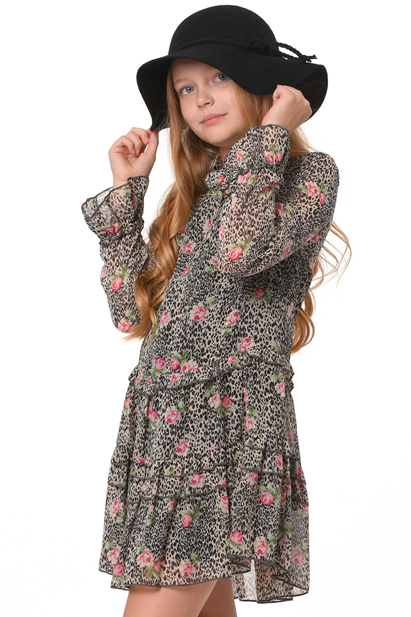 Girls Animal Print Long Sleeve Chiffon Shirt Dress