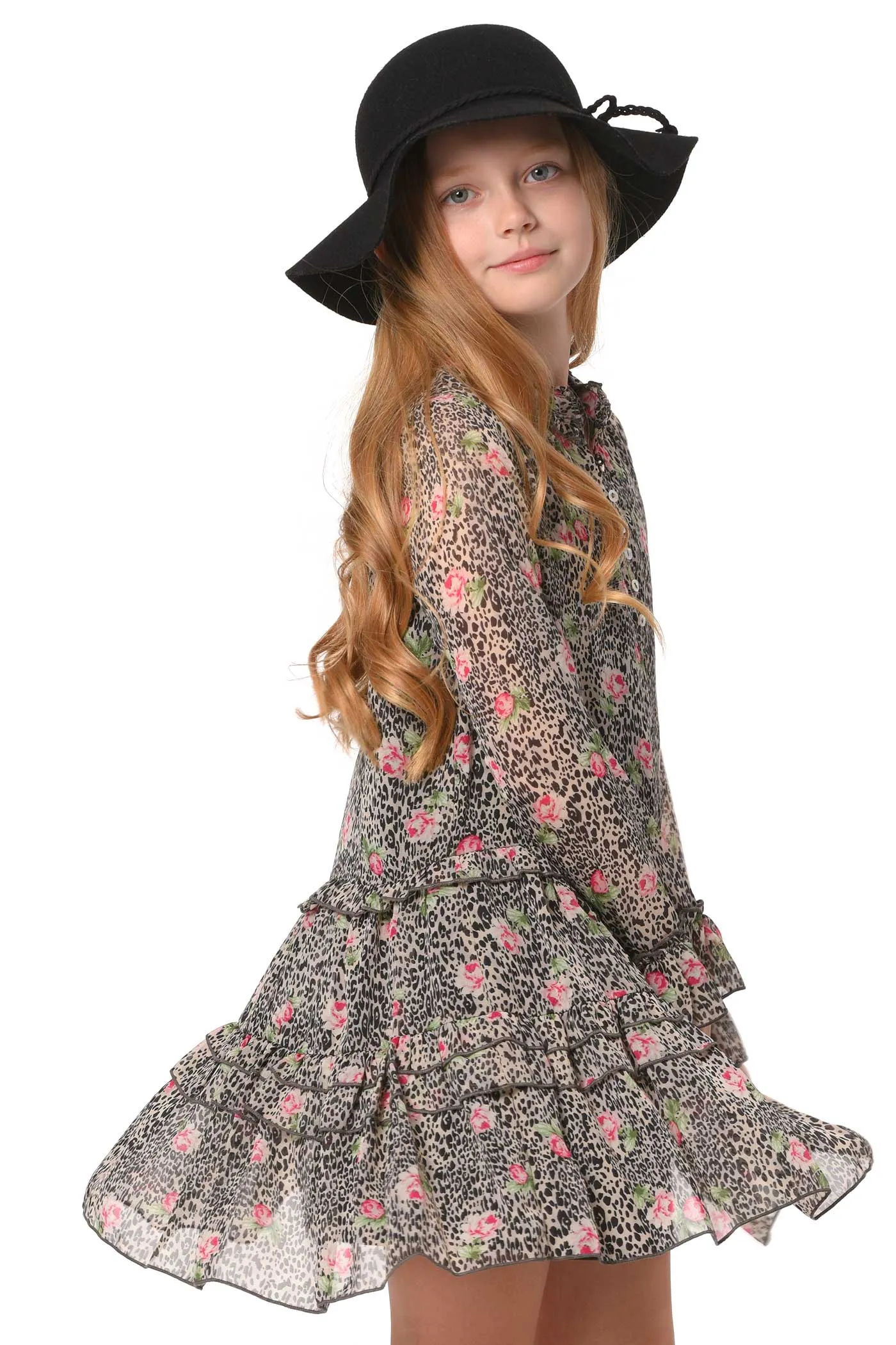 Girls Animal Print Long Sleeve Chiffon Shirt Dress