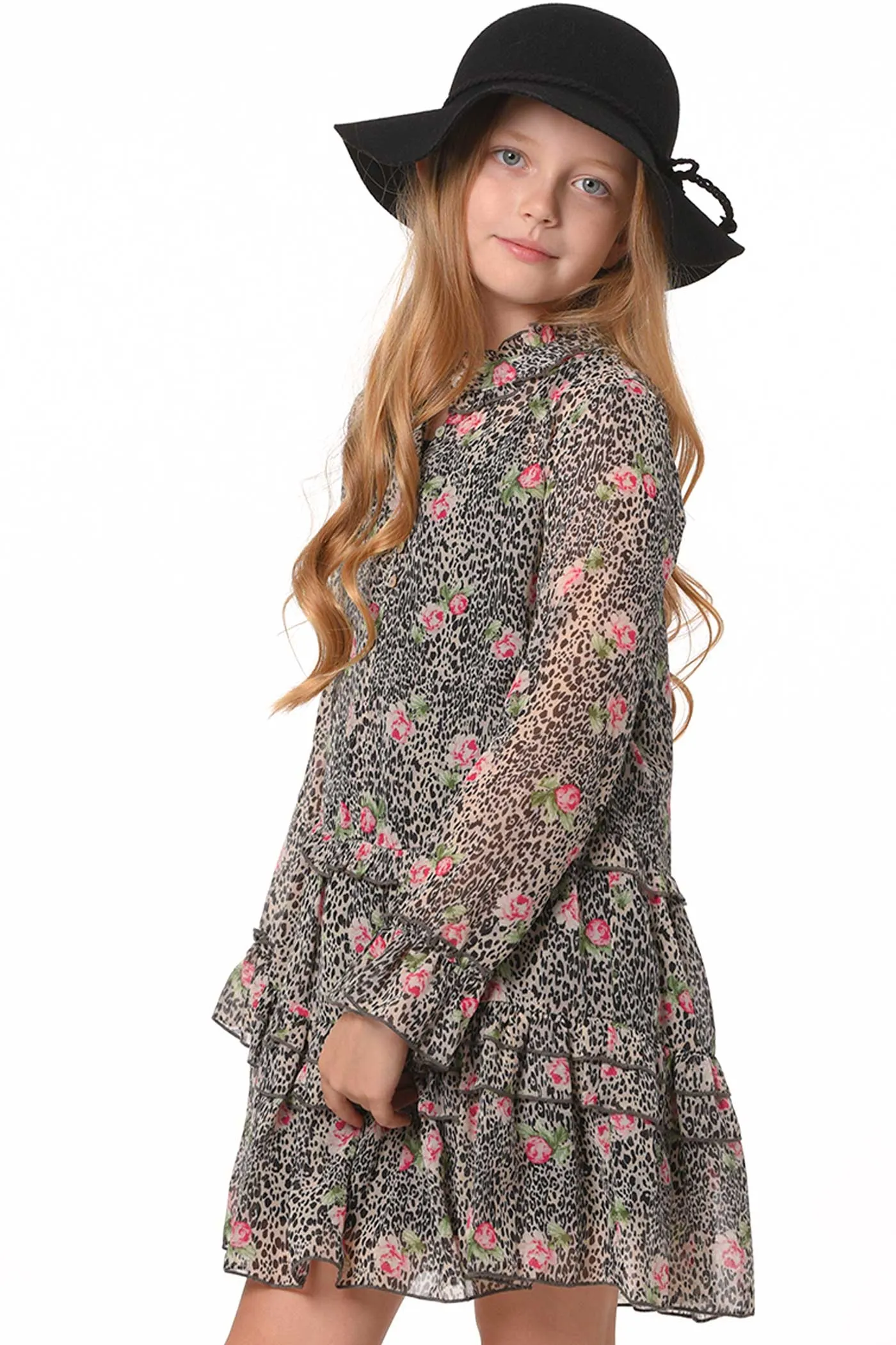 Girls Animal Print Long Sleeve Chiffon Shirt Dress