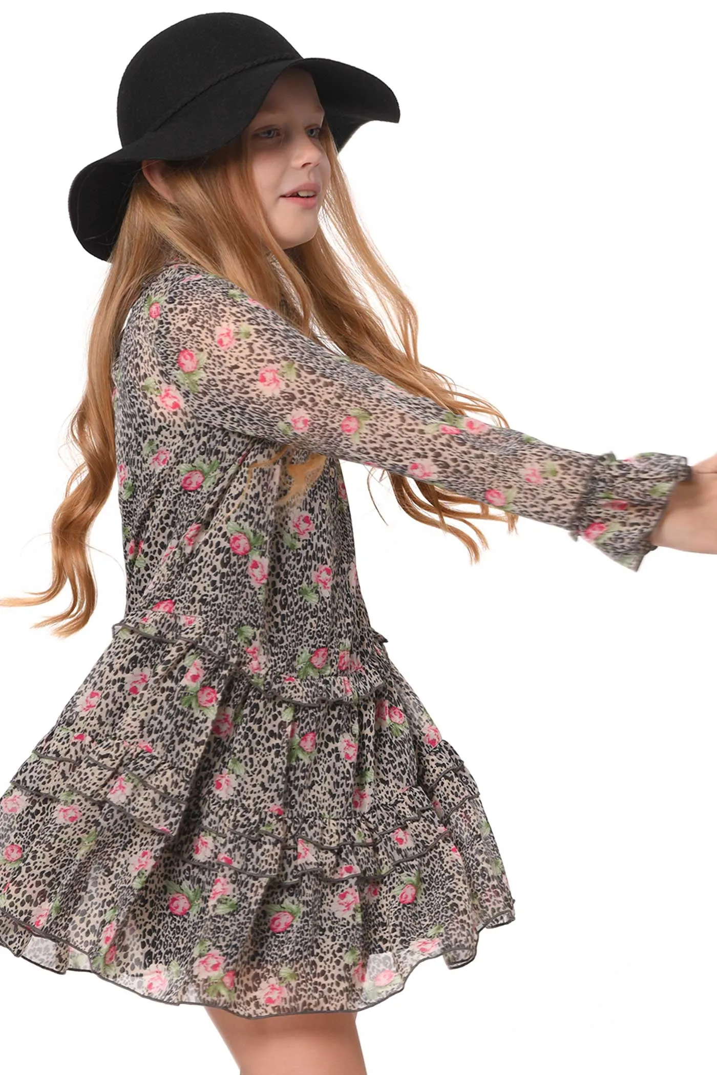 Girls Animal Print Long Sleeve Chiffon Shirt Dress