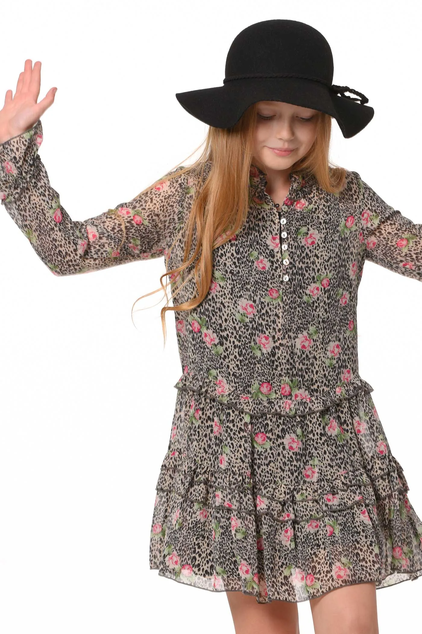 Girls Animal Print Long Sleeve Chiffon Shirt Dress